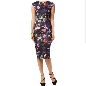 Ted Baker Raisie Shadow Floral Black Bodycon Cap Sleeve V Neck Midi Dress BNWOT